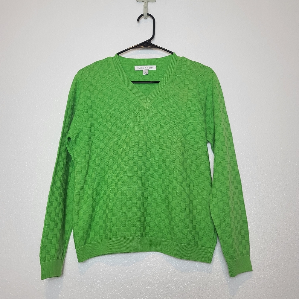Vintage Women’s Green Checkered Cotton V-Neck Sweater – Y2K Preppy Style – Size - Picture 2 of 8